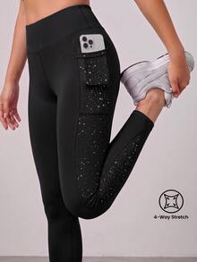 SHEIN Tween Girl Contrast Panel Phone Pocket Top-Stitching Active Leggings, Autumn Winter, Fall, Back To School, Yoga, Running, Cycling, Gym, Workout - Black - View 7