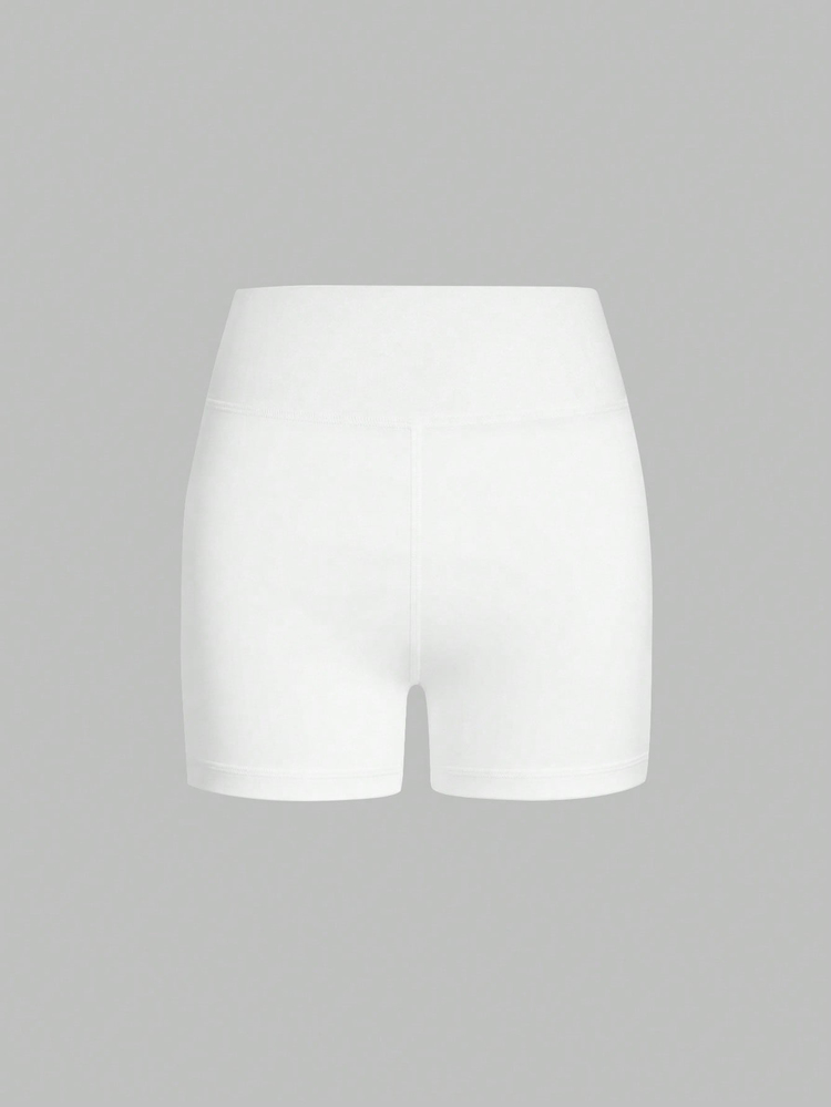 SHEIN Tween Girls Activewear White Autumn Winter Casual Gym Crossover Waist Shorts,High Stretch 4-Way Fabric Minimalist Solid Color For Cycling,Running - White - View 7