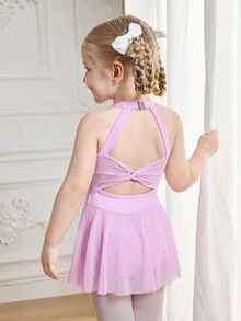 SHEIN 女童軟彈嬰兒紫夏季連身裙，網布背版親膚面料，適合瑜伽、舞蹈、芭蕾運動，公主牛仔女孩風 - 粉色 - 查看 7