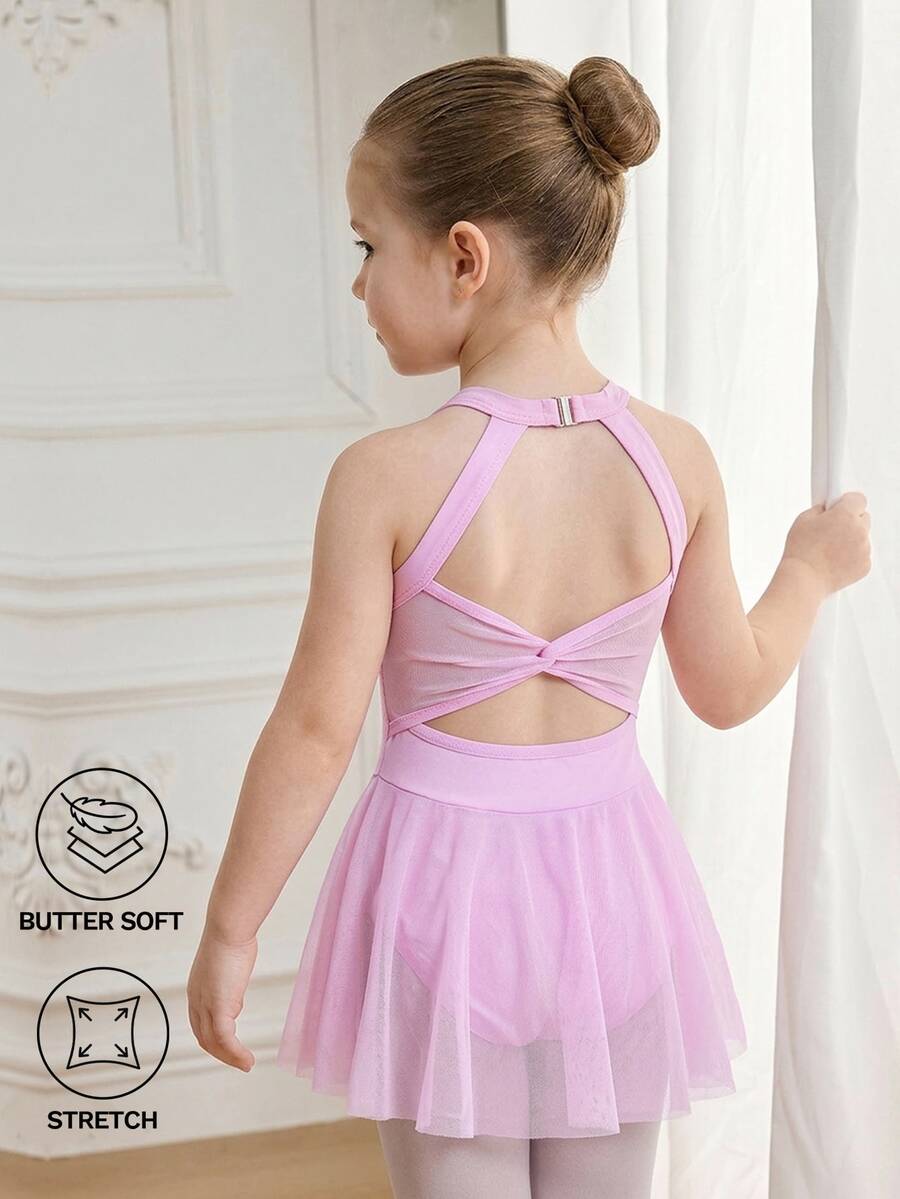 SHEIN 女童軟彈嬰兒紫夏季連身裙，網布背版親膚面料，適合瑜伽、舞蹈、芭蕾運動，公主牛仔女孩風