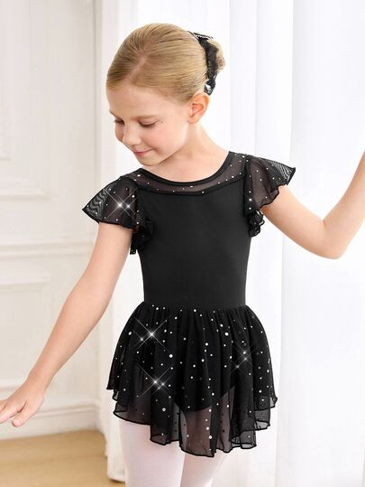 SHEIN Young Girls'Sleeveless Leotard,Autumn Winter Birthday Ruffle Waist Ribbon Bow Ballet Dress,Campus Competition Sequin Mesh Tutu,Dance Jumpsuit Fall