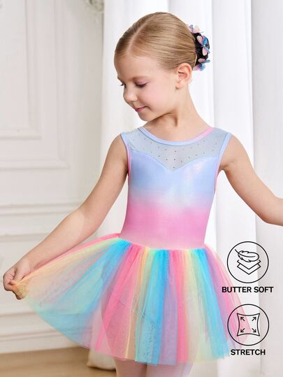 Sleeveless Ombre Tulle Ballet Dress For Girls, Leotard Dance With Rhinestone Decor Autumn Fall