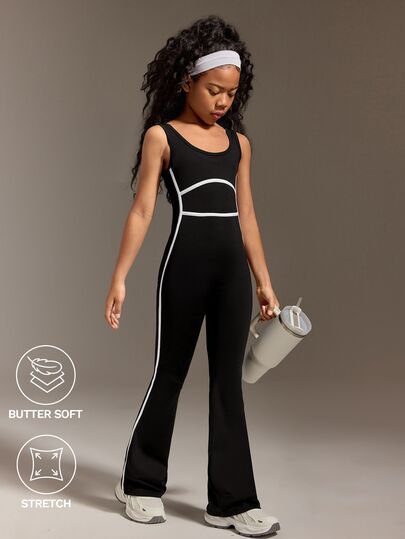 Mono negro ajustado para niñas preadolescentes, de tela elástica y de moda, con un ajuste favorecedor, para hacer ejercicio o uso diario casual
