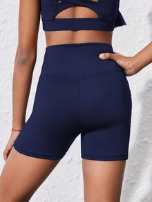 SHEIN Celana Yoga Ketat Olahraga Warna Biru Dongker untuk Anak Perempuan, Dilengkapi Kantong, Elastis & Nyaman, Cocok untuk Olahraga, Latihan, Lari, dan Bersepeda - Navy Blue - View 2