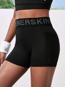 SHEIN Tween Girl Letter Waistband Elastic Soft Sports Shorts For Yoga, Cycling, Running, Black, Teens, Autumn Winter, Fall, Back To School, Gym, Training - Black - View 4