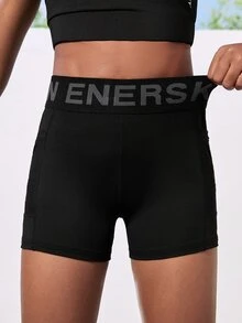 SHEIN Tween Girl Letter Waistband Elastic Soft Sports Shorts For Yoga, Cycling, Running, Black, Teens, Autumn Winter, Fall, Back To School, Gym, Training - Black - View 5