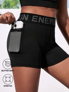 SHEIN Tween Girl Letter Waistband Elastic Soft Sports Shorts For Yoga, Cycling, Running, Black, Teens, Autumn Winter, Fall, Back To School, Gym, Training - Black - View 1
