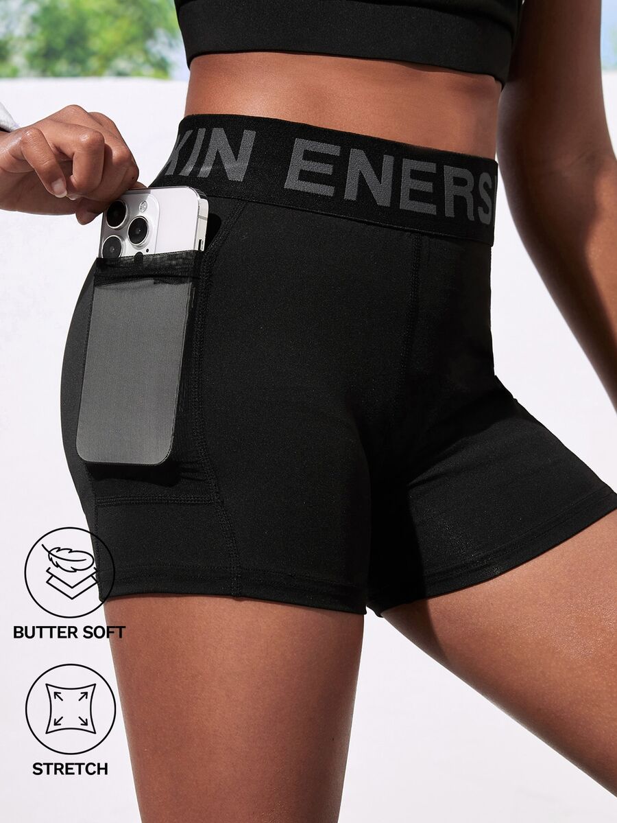 SHEIN Tween Girl Letter Waistband Elastic Soft Sports Shorts For Yoga, Cycling, Running, Black, Teens, Autumn Winter, Fall, Back To School, Gym, Training - Black - View 1