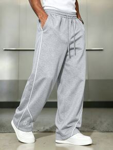 PAVTROS Men's Young Street Style, INS Multi-Functional Item: Loose Casual Embroidered Black Straight Leg Sweatpants - Light Grey - View 4