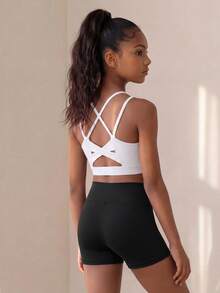 SHEIN حمالة صدر رياضي متقاطع خلفي بنت طفل - أبيض - مشاهدة 7