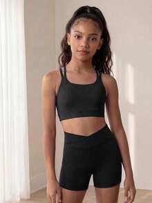 SHEIN Tween Girl Criss Cross Back Sports Bra, Autumn Winter, Fall, Back To School, Yoga, Gym, Running, Training, Stretchy, Breathable, Elastic, Active - Black - View 9