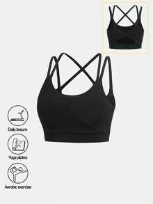 SHEIN Tween Girl Criss Cross Back Sports Bra, Autumn Winter, Fall, Back To School, Yoga, Gym, Running, Training, Stretchy, Breathable, Elastic, Active - Black - View 4
