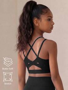 SHEIN Tween Girl Criss Cross Back Sports Bra, Autumn Winter, Fall, Back To School, Yoga, Gym, Running, Training, Stretchy, Breathable, Elastic, Active - Black - View 2
