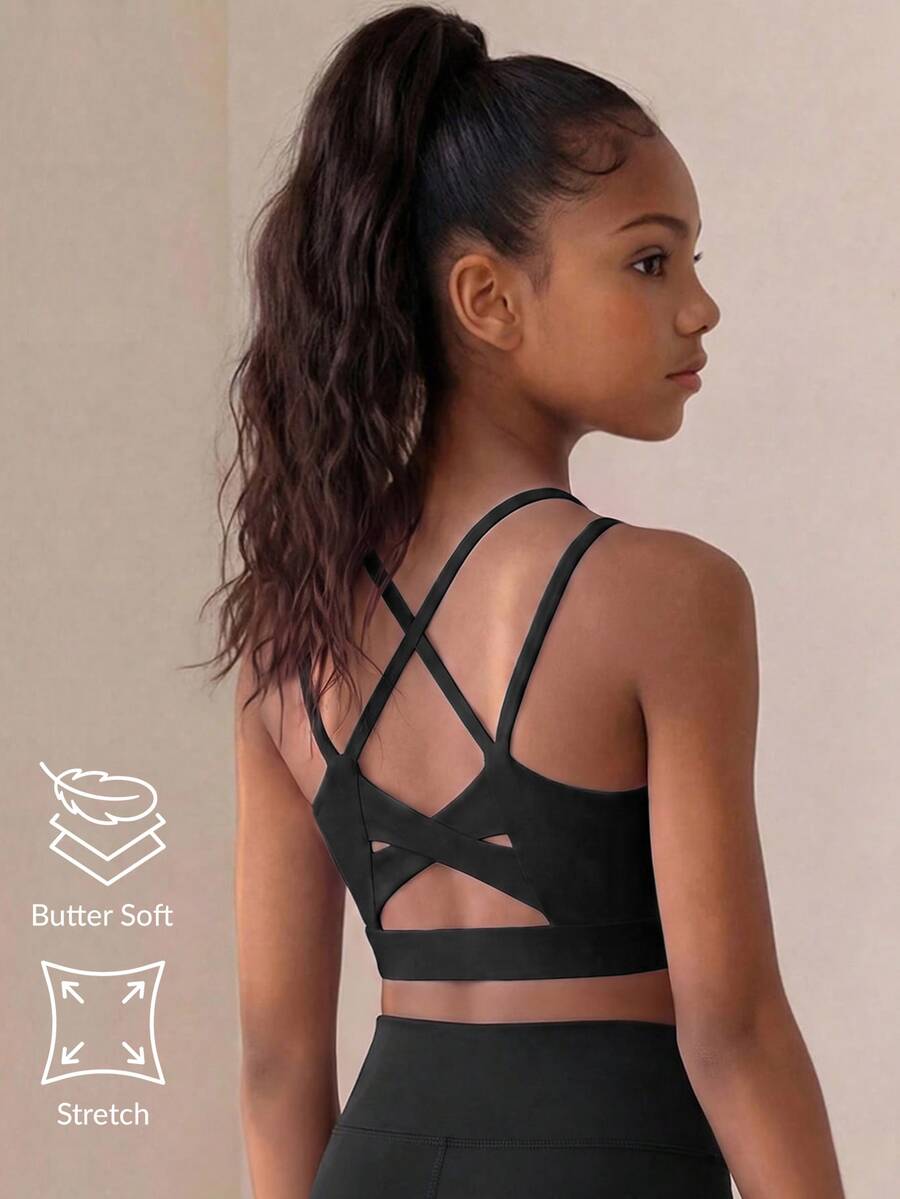 SHEIN Tween Girl Criss Cross Back Sports Bra, Autumn Winter, Fall, Back To School, Yoga, Gym, Running, Training, Stretchy, Breathable, Elastic, Active