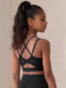 SHEIN Tween Girl Criss Cross Back Sports Bra, Autumn Winter, Fall, Back To School, Yoga, Gym, Running, Training, Stretchy, Breathable, Elastic, Active - Black - View 10