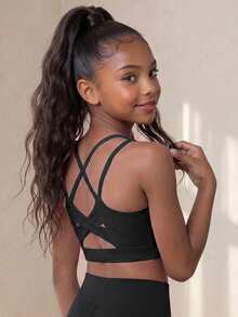 SHEIN Tween Girl Criss Cross Back Sports Bra, Autumn Winter, Fall, Back To School, Yoga, Gym, Running, Training, Stretchy, Breathable, Elastic, Active - Black - View 6