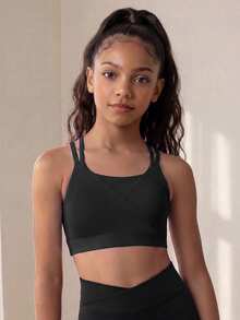 SHEIN Tween Girl Criss Cross Back Sports Bra, Autumn Winter, Fall, Back To School, Yoga, Gym, Running, Training, Stretchy, Breathable, Elastic, Active - Black - View 3