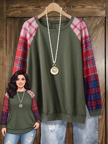 Rusticease Plus Size Women's Plaid Color Block Round Neck Long Sleeve Ribbed Cuff Pocket Pullover Hoodies Casual 1920s Formal Party Autumn Kelly Green - Multicolor - View 8