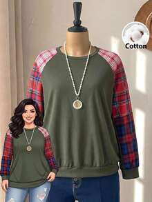 Rusticease Plus Size Women's Plaid Color Block Round Neck Long Sleeve Ribbed Cuff Pocket Pullover Hoodies Casual 1920s Formal Party Autumn Kelly Green - Multicolor - View 2