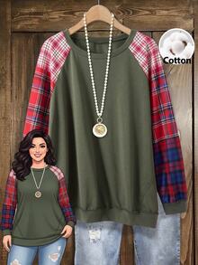 Rusticease Plus Size Women's Plaid Color Block Round Neck Long Sleeve Ribbed Cuff Pocket Pullover Hoodies Casual 1920s Formal Party Autumn Kelly Green - Multicolor - View 1