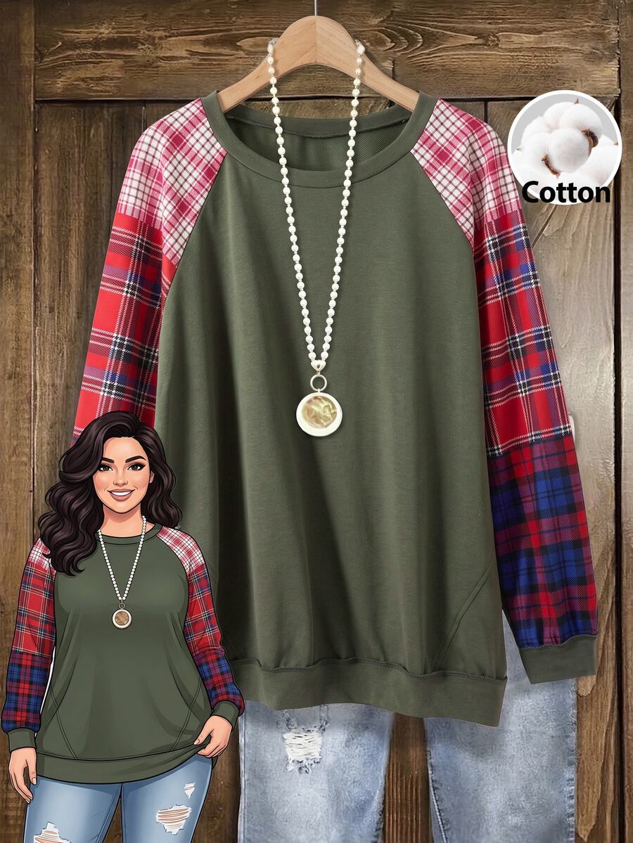 Rusticease Plus Size Women's Plaid Color Block Round Neck Long Sleeve Ribbed Cuff Pocket Pullover Hoodies Casual 1920s Formal Party Autumn Kelly Green - Multicolor - View 1