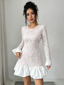 SHEIN Raffinéa Women's French Elegant Romantic Mature Style Pelisse Print Fitted Dress, Round Neck Long Sleeve Patchwork Woven Ruffle Hem Cinched Waist, White - Apricot - View 6
