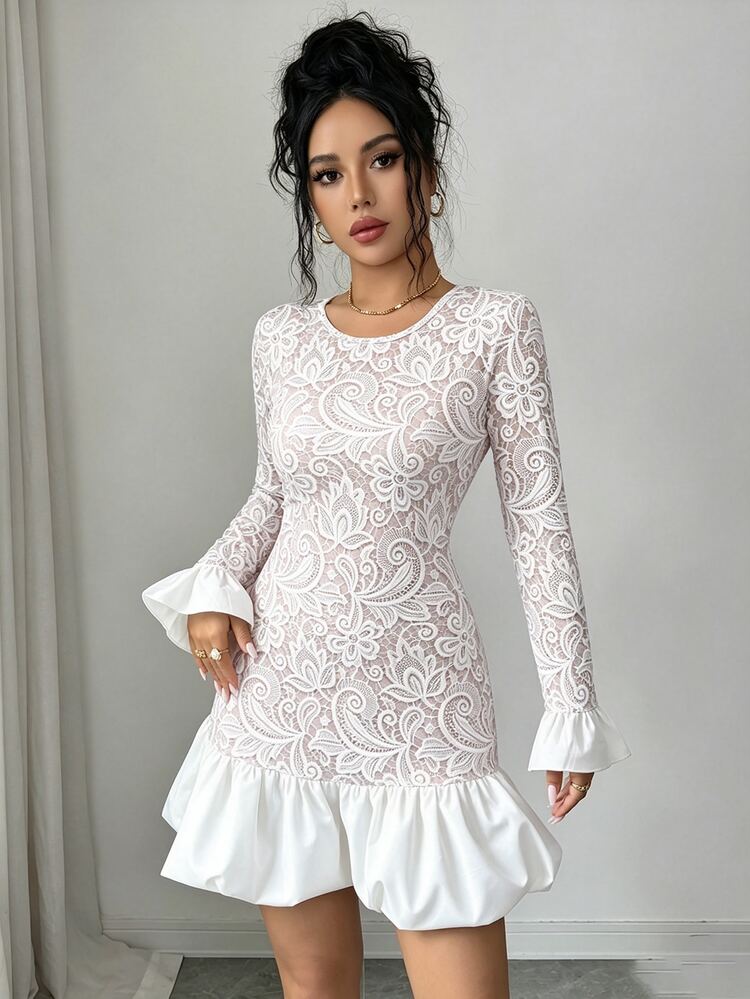 SHEIN Raffinéa 女款法式優雅浪漫成熟風 Pelisse 印花修身洋裝，圓領長袖拼接梭織荷葉邊下擺收腰設計，白色 - 杏色 - 查看 6