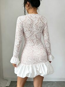 SHEIN Raffinéa Women's French Elegant Romantic Mature Style Pelisse Print Fitted Dress, Round Neck Long Sleeve Patchwork Woven Ruffle Hem Cinched Waist, White - Apricot - View 2