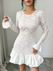 SHEIN Raffinéa Women's French Elegant Romantic Mature Style Pelisse Print Fitted Dress, Round Neck Long Sleeve Patchwork Woven Ruffle Hem Cinched Waist, White - Apricot - View 8