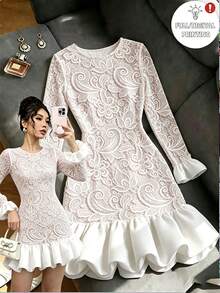 SHEIN Raffinéa Women's French Elegant Romantic Mature Style Pelisse Print Fitted Dress, Round Neck Long Sleeve Patchwork Woven Ruffle Hem Cinched Waist, White - Apricot - View 1