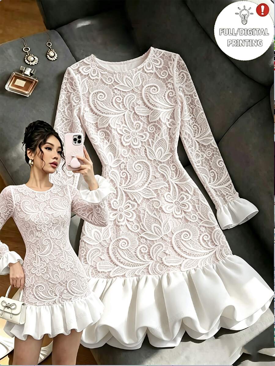 SHEIN Raffinéa Women's French Elegant Romantic Mature Style Pelisse Print Fitted Dress, Round Neck Long Sleeve Patchwork Woven Ruffle Hem Cinched Waist, White - Apricot - View 1