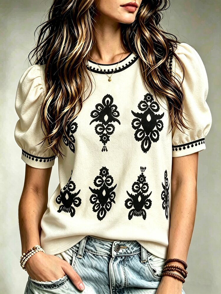 Selamara Women's Elegant Bohemian Style Printed T-Shirt, Puff Sleeve Top, Vintage Pattern, Short Sleeve Casual Fashion T-Shirt - Multicolor - View 1