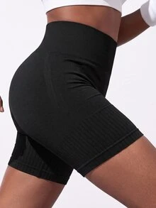 SHEIN Tween Girl Seamless Black Sports Shorts , Running, Yoga And Home Exercise, Soft, Comfortable And Stretchy, Autumn Winter, Fall, Back To School, Gym - Black - View 4
