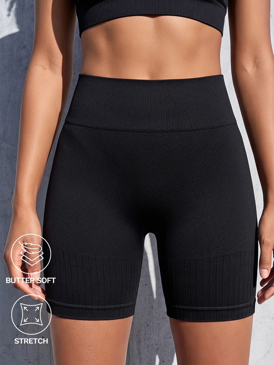 SHEIN Tween Girl Seamless Black Sports Shorts , Running, Yoga And Home Exercise, Soft, Comfortable And Stretchy, Autumn Winter, Fall, Back To School, Gym - Black - View 1