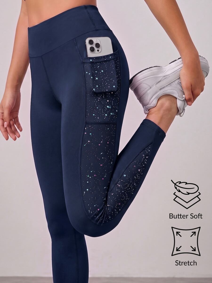 SHEIN 女童與女款星空波點印花瑜伽緊身褲，附口袋，高彈性海軍藍秋冬休閒健身高腰瑜伽褲，秋季