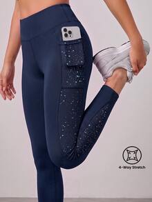 SHEIN 女童與女款星空波點印花瑜伽緊身褲，附口袋，高彈性海軍藍秋冬休閒健身高腰瑜伽褲，秋季 - 藏蓝色 - 查看 7
