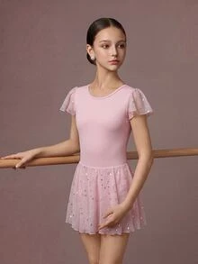 SHEIN Tween Girls' Sleeveless Ballet Jumpsuit, Soft Mesh Splice Bowknot Design, Shiny Star Mesh Splice, Comfortable Stretch, Dance, Yoga, Fall Winter, Gym - Pink - View 3