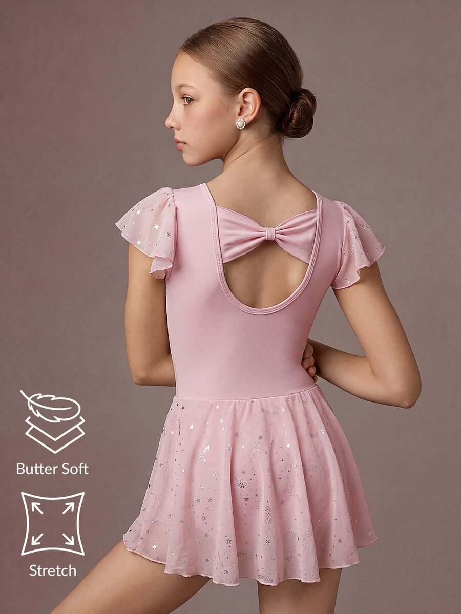 SHEIN Tween Girls' Sleeveless Ballet Jumpsuit, Soft Mesh Splice Bowknot Design, Shiny Star Mesh Splice, Comfortable Stretch, Dance, Yoga, Fall Winter, Gym