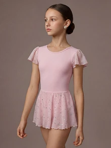 SHEIN Tween Girls' Sleeveless Ballet Jumpsuit, Soft Mesh Splice Bowknot Design, Shiny Star Mesh Splice, Comfortable Stretch, Dance, Yoga, Fall Winter, Gym - Pink - View 7
