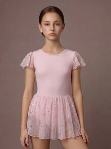 SHEIN Tween Girls' Sleeveless Ballet Jumpsuit, Soft Mesh Splice Bowknot Design, Shiny Star Mesh Splice, Comfortable Stretch, Dance, Yoga, Fall Winter, Gym - Pink - View 4
