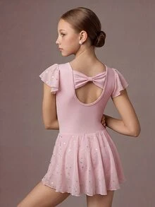 SHEIN Tween Girls' Sleeveless Ballet Jumpsuit, Soft Mesh Splice Bowknot Design, Shiny Star Mesh Splice, Comfortable Stretch, Dance, Yoga, Fall Winter, Gym - Pink - View 8