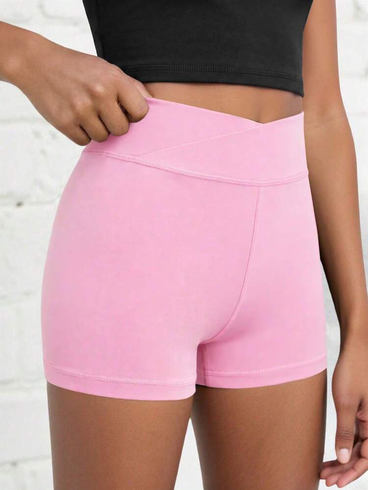 SHEIN Tween Girls Pink Autumn Winter Atletic Gym Activewear Solid Color Casual Criss-Cross Waist Shorts,High Stretch 4-Way Fabric,For Cycling,Running, Fall - Baby Pink - View 9