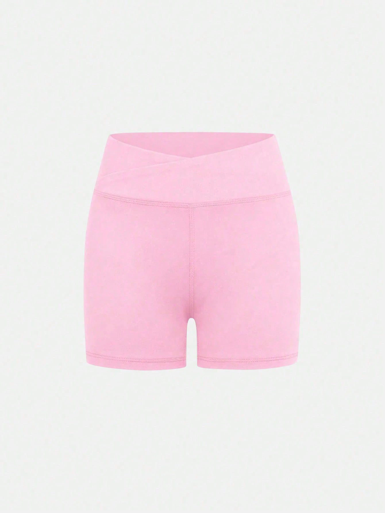 SHEIN Tween Girls Pink Autumn Winter Atletic Gym Activewear Solid Color Casual Criss-Cross Waist Shorts,High Stretch 4-Way Fabric,For Cycling,Running, Fall - Baby Pink - View 8