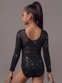 SHEIN 青少年女孩長袖舞蹈連身衣，黑白閃亮亮片布料，腰部與單肩透視網格拼接，運動風 - 黑色 - 查看 6
