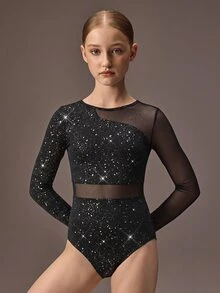 SHEIN 青少年女孩長袖舞蹈連身衣，黑白閃亮亮片布料，腰部與單肩透視網格拼接，運動風 - 黑色 - 查看 8