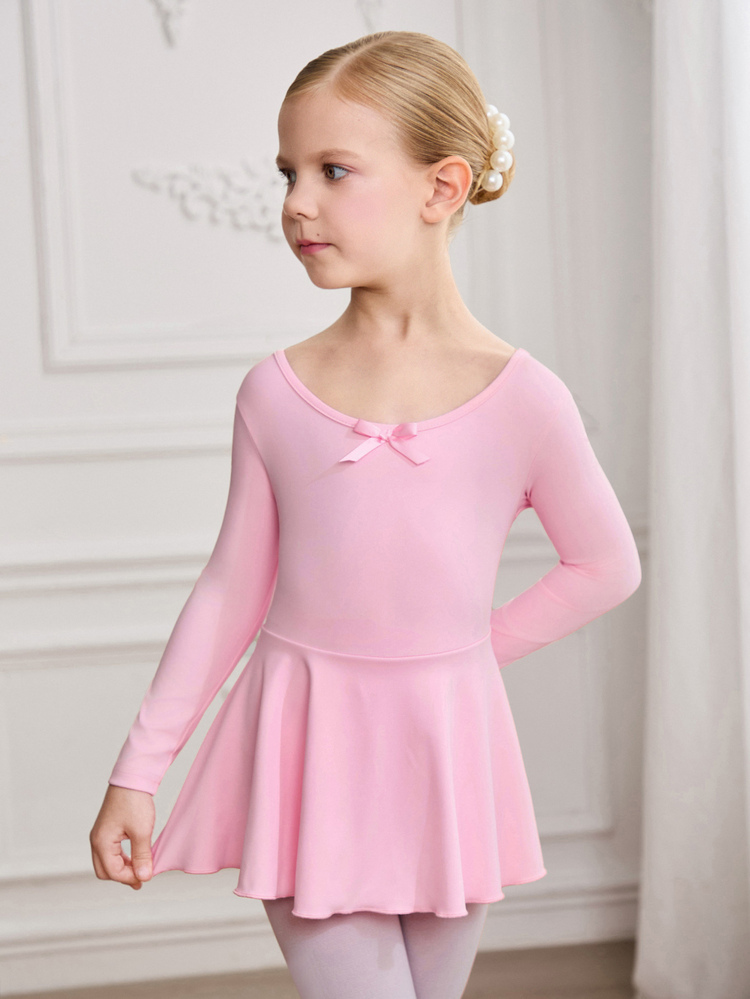 Young Girls Long Sleeve Baby Pink Ballet Dance Dress, Round Neck Bow Decor, Stretchy Soft Fabric, Dance Yoga 7th Birthday Autumn Princess Cowgirl - Dusty Pink - View 3