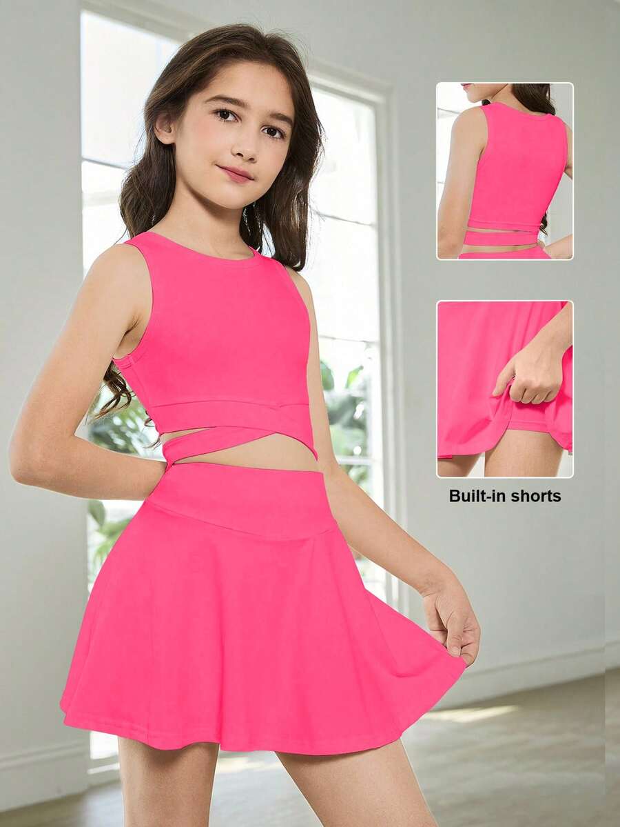 SHEIN Tween 女孩 2 件套运动背心和网球裙套装,纯色紫红色,简约舒适,百搭校园风格运动跑步装,优雅高腰设计,贴身修身,弹力面料 - 玫紅色 - 查看 1