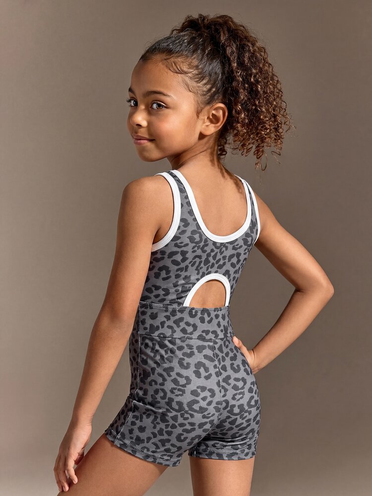 SHEIN Young Girls' Sleeveless Jumpsuit, Leopard Print Pattern Jumpsuit, Sports, Casual, Streetwear, YK2, Back To School Fashion Item., Fall Winter, Autumn - Grey - View 8