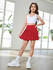 SHEIN Tween Girls Red Leggings With Built-In Modesty Casual Athletic Shorts, Elastic Knit Bike Shorts For Running Moisture-Wicking Sweat Absorbing Summer - Red - View 3