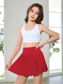 SHEIN Tween Girls Red Leggings With Built-In Modesty Casual Athletic Shorts, Elastic Knit Bike Shorts For Running Moisture-Wicking Sweat Absorbing Summer - Red - View 6